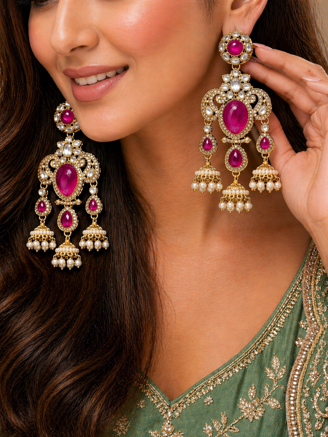 Royal Pink Stone Pearl Jhumka Earrings