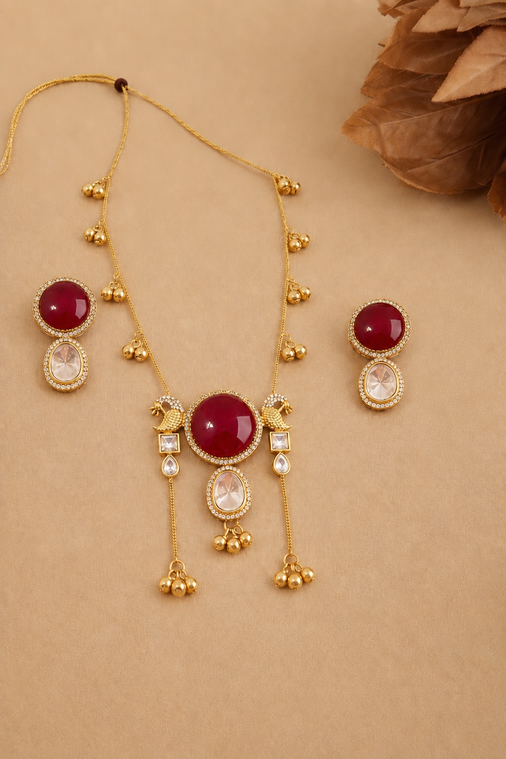 Ruby Peacock Pendant Necklace Set