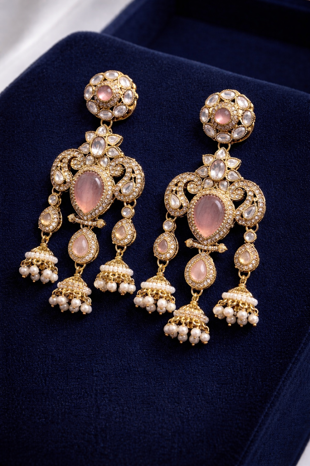 Royal Baby Pink Stone Pearl Jhumka Earrings