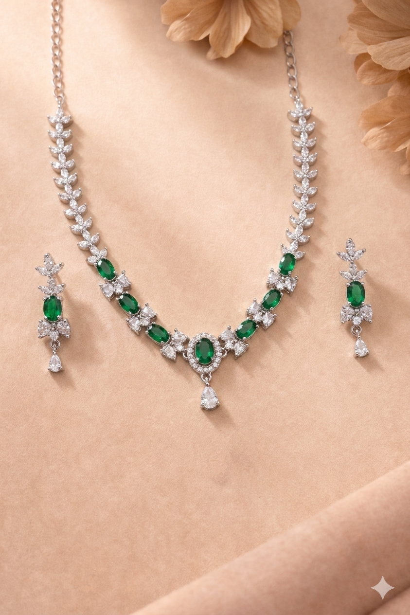 Elegant Emerald Green Crystal Necklace Set with Earrings