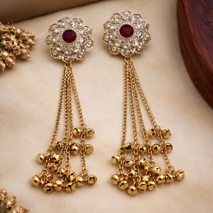Royal Ruby Floral Tassel Earrings