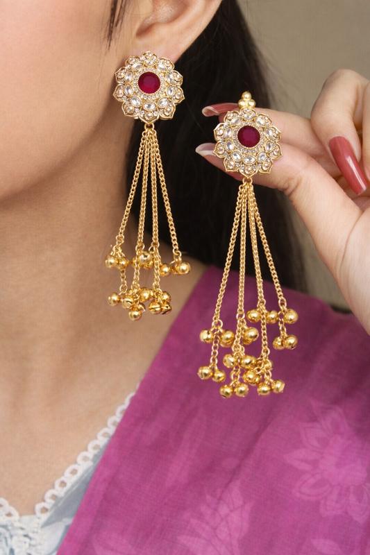Royal Ruby Floral Tassel Earrings