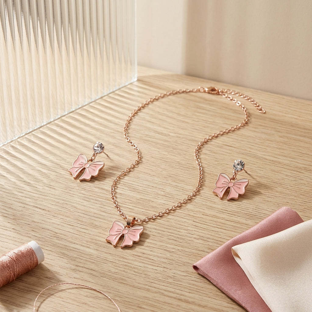 Pink Bow Necklace Set