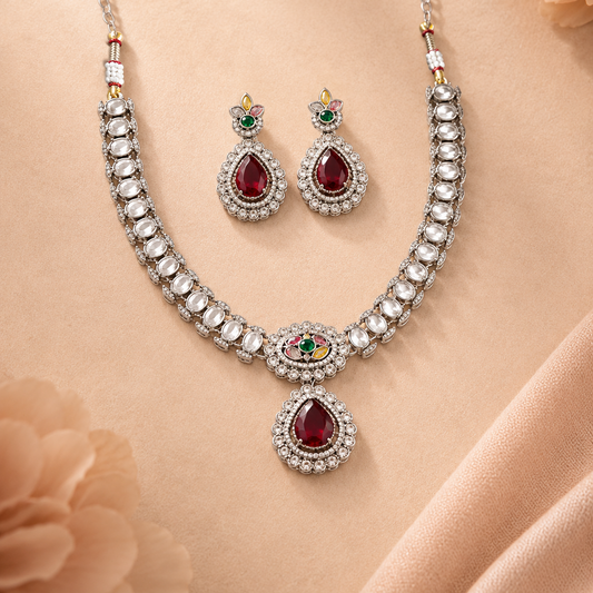Ruby Elegance Silver Red Necklace Set with Maang Tikka