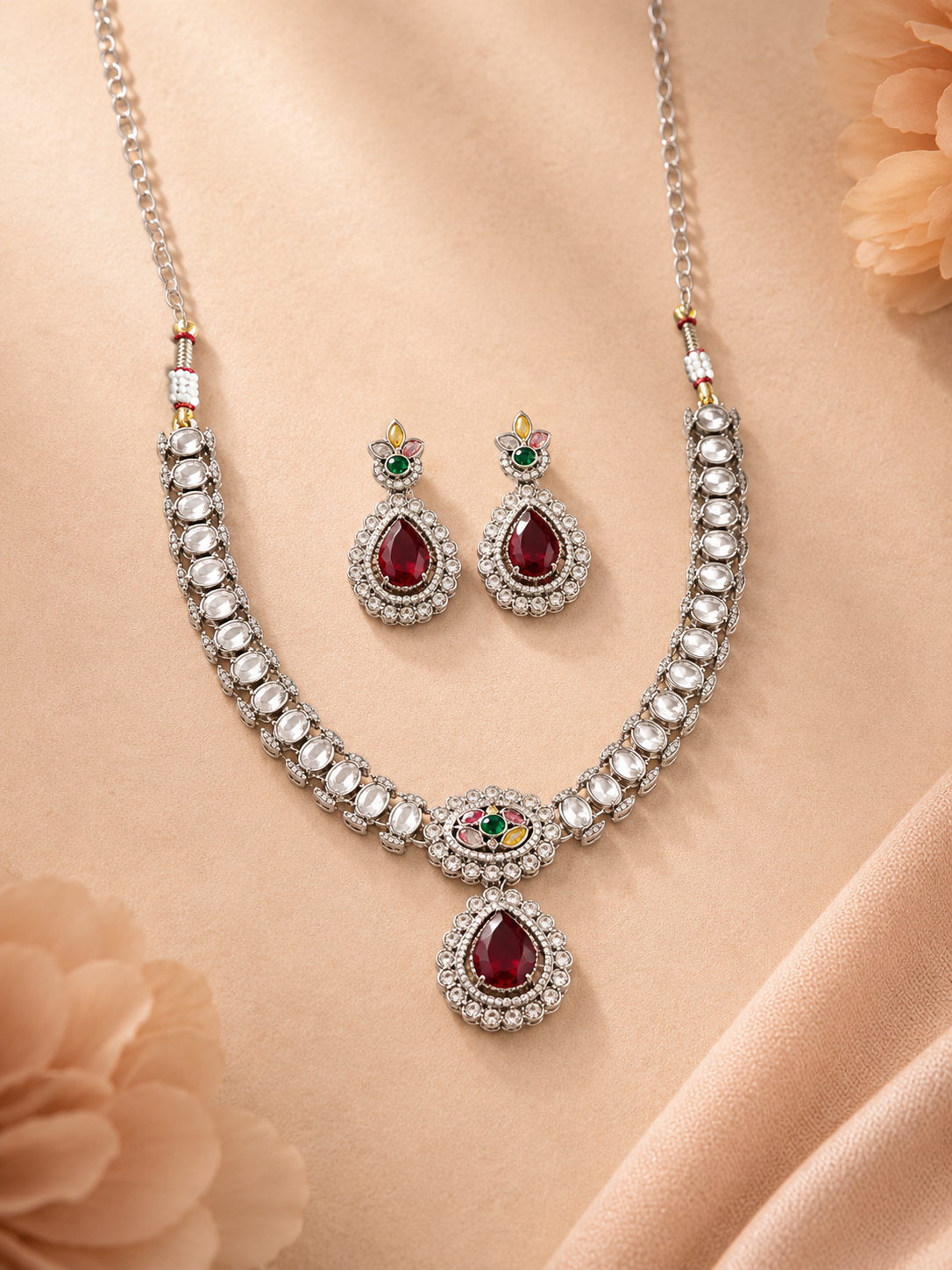 Ruby Elegance Silver Red Necklace Set with Maang Tikka