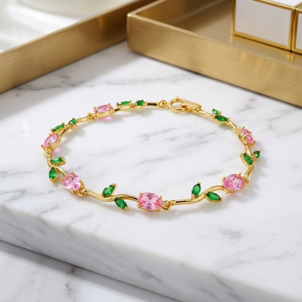 Pink & Green Tulip Crystal Bracelet