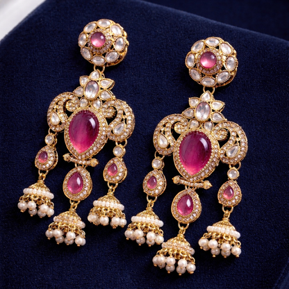 Royal Pink Stone Pearl Jhumka Earrings