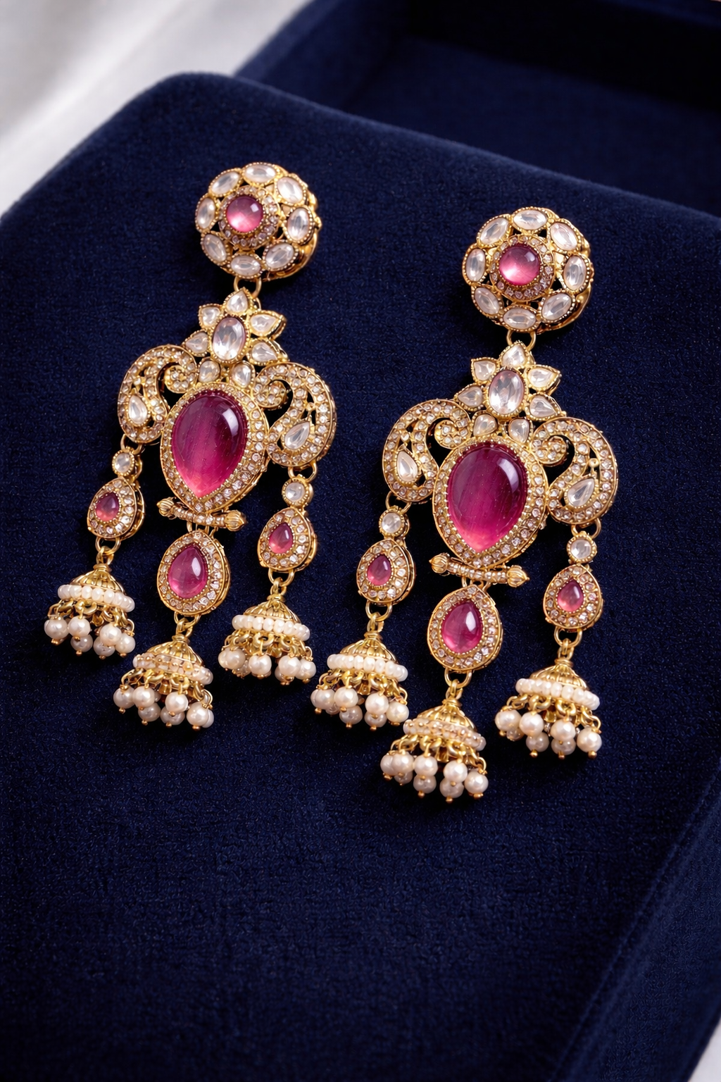 Royal Pink Stone Pearl Jhumka Earrings