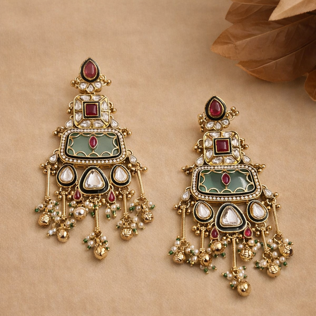 Regal Mint Green Kundan Chandelier Earrings