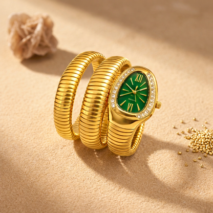 Gold Serpent Wrap Watch - Green