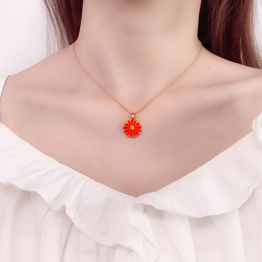 Red Daisy Pendant Necklace – Gold Chain