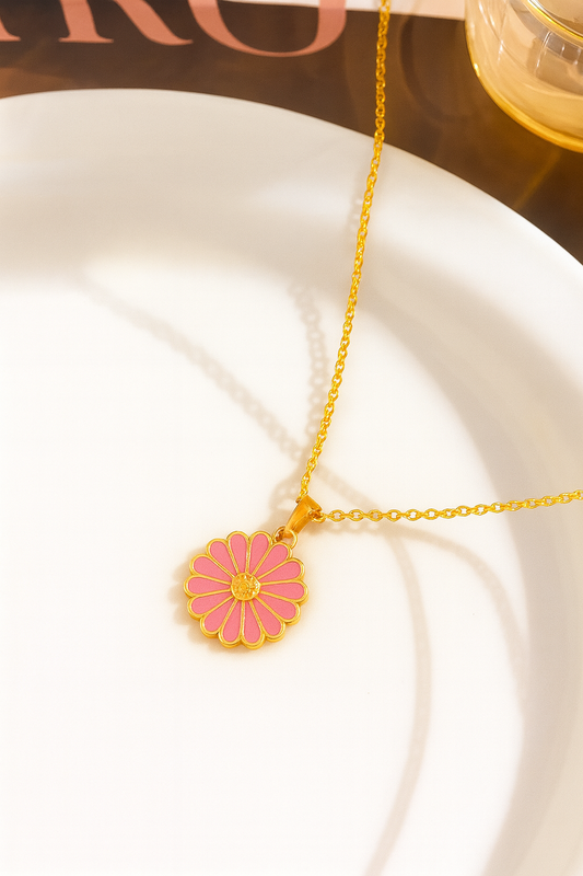Baby Pink Daisy Pendant Necklace – Gold Chain