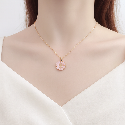 Baby Pink Daisy Pendant Necklace – Gold Chain