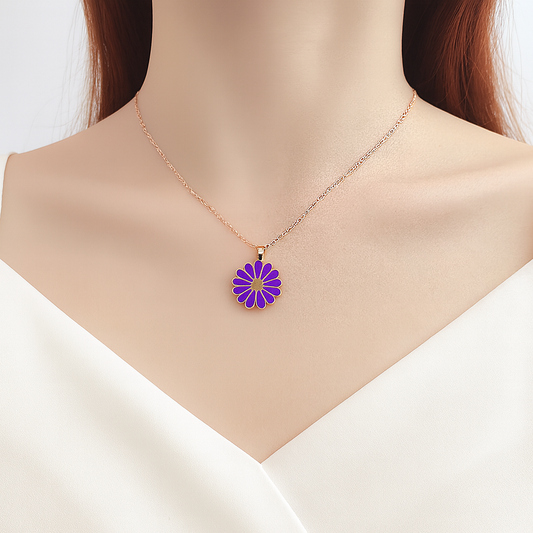 Purple Daisy Pendant Necklace – Gold Chain
