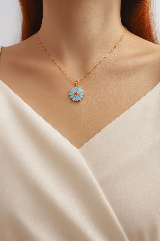Sky Green Daisy Pendant Necklace – Gold Chain