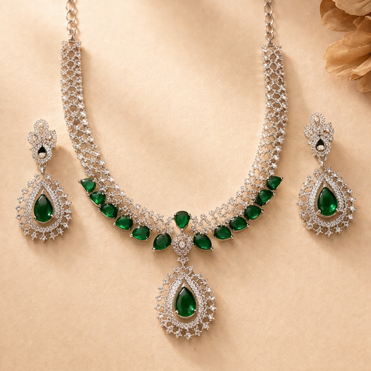 Luxury Emerald Green Crystal Necklace Set with Earrings