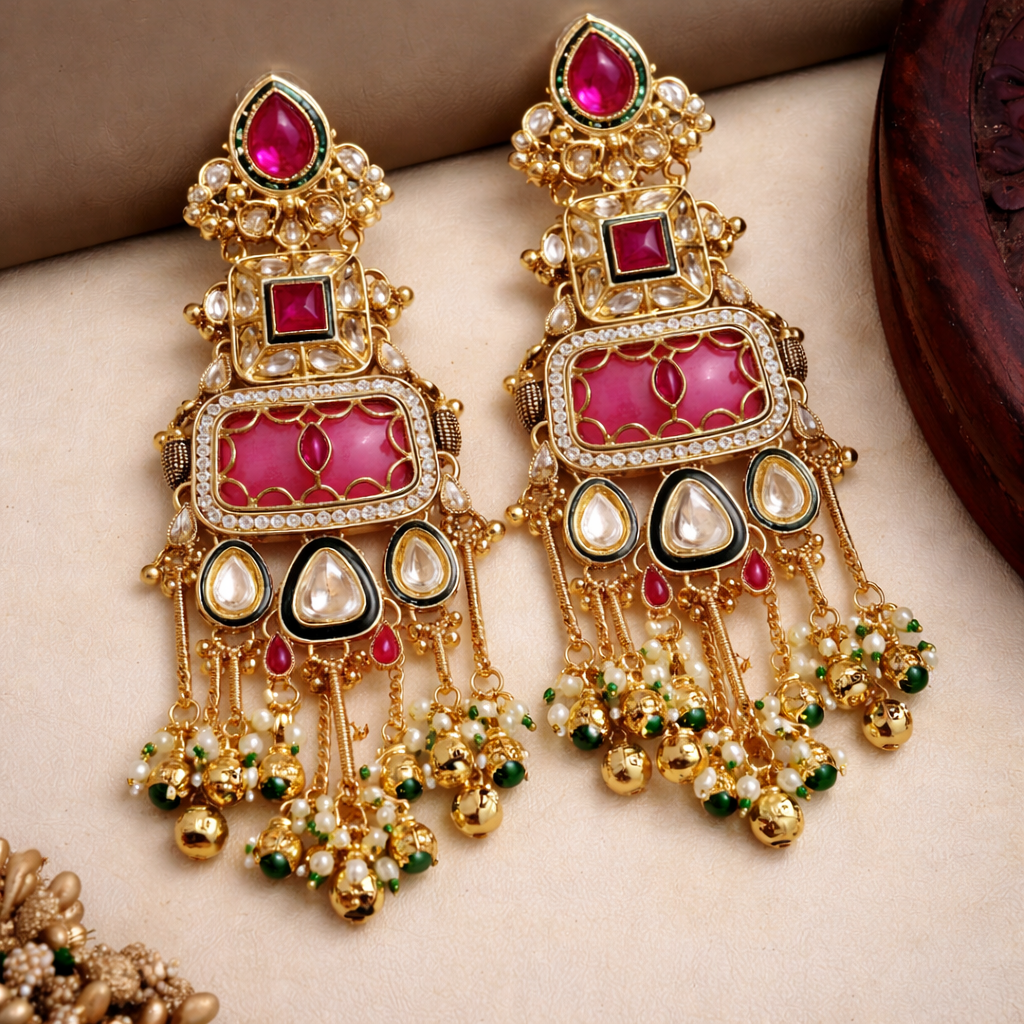 Royal Pink Kundan Statement Earrings