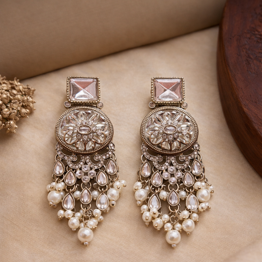 Vintage Pearl Kundan Chandelier Earrings