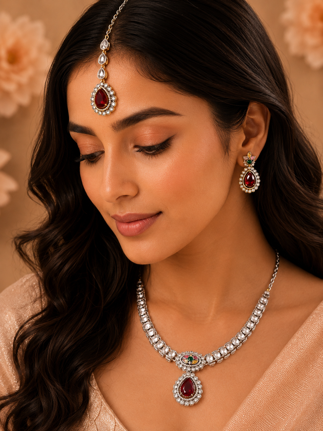 Ruby Elegance Silver Red Necklace Set with Maang Tikka
