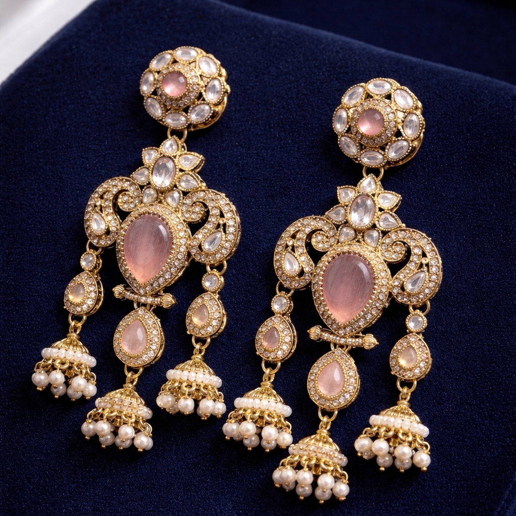 Royal Baby Pink Stone Pearl Jhumka Earrings