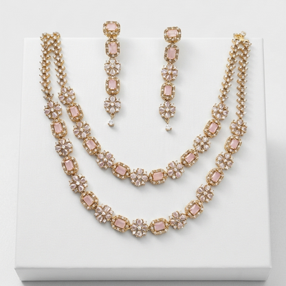 Luxury Blush Pink Floral Necklace Set with Earrings