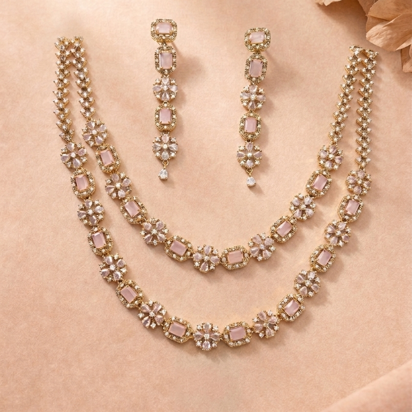 Luxury Blush Pink Floral Necklace Set with Earrings