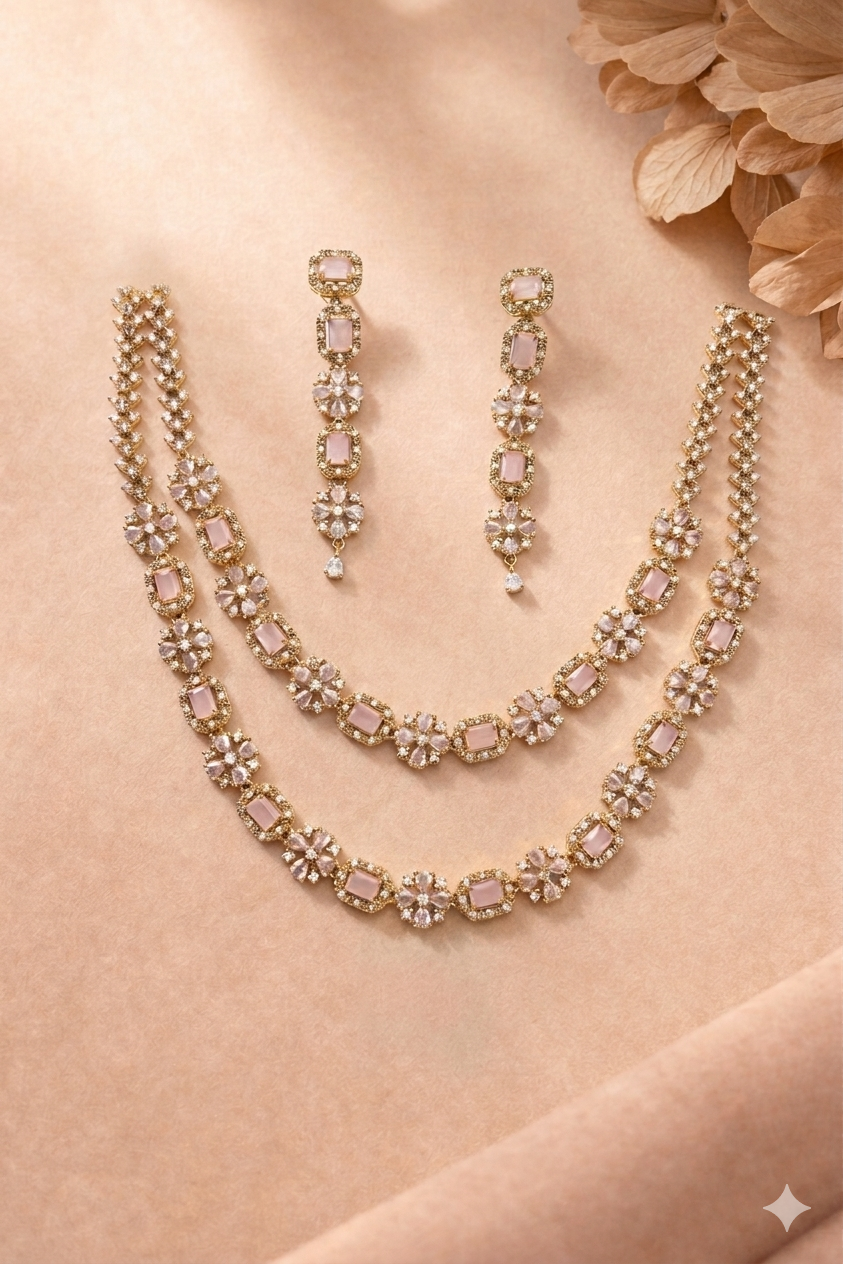 Luxury Blush Pink Floral Necklace Set with Earrings