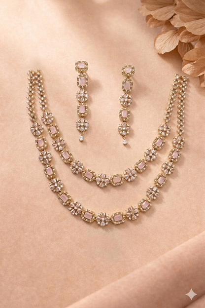 Luxury Blush Pink Floral Necklace Set with Earrings