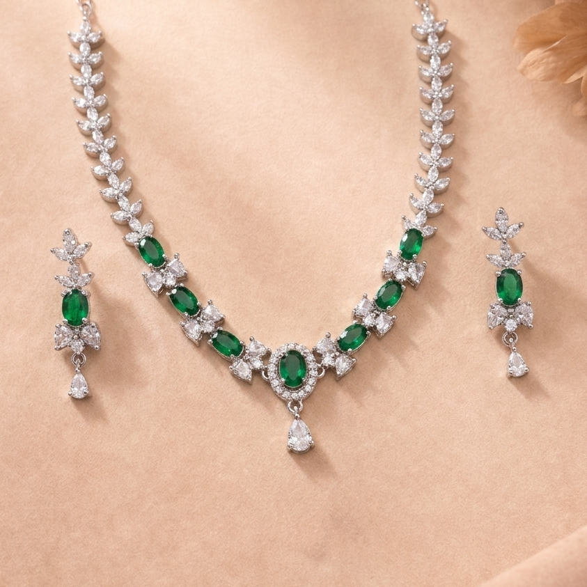 Elegant Emerald Green Crystal Necklace Set with Earrings