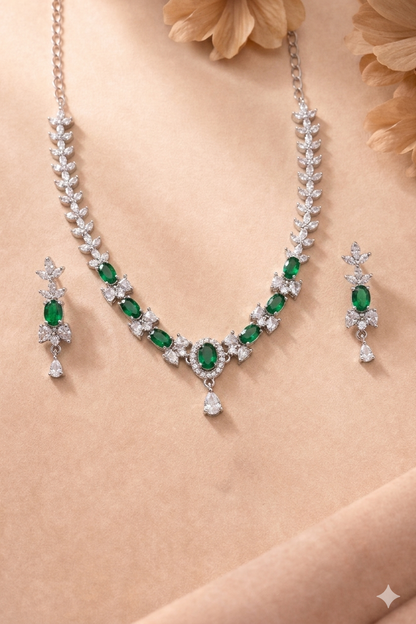 Elegant Emerald Green Crystal Necklace Set with Earrings