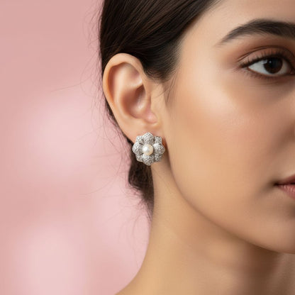 Crystal Flower Pearl Earings