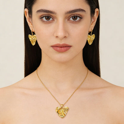 Textured Heart Gold Necklace & Earrings Set