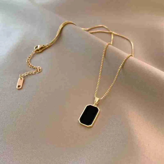 Reversible Gold Rectangle Pendant Necklace – Black Onyx & White Mother of Pearl