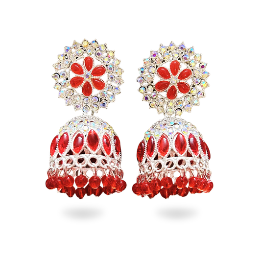 Red Crystal Jhumka Earrings