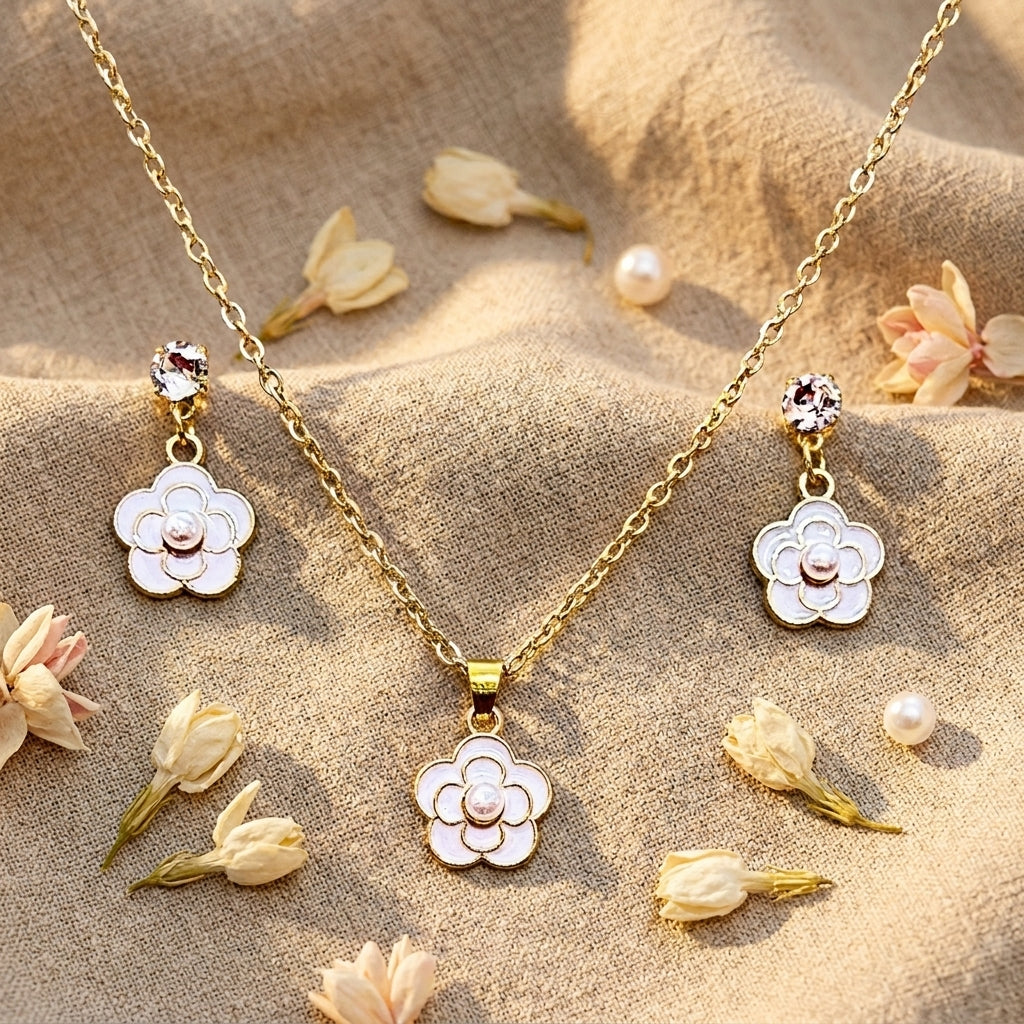 Floral Pearl White Necklace Set
