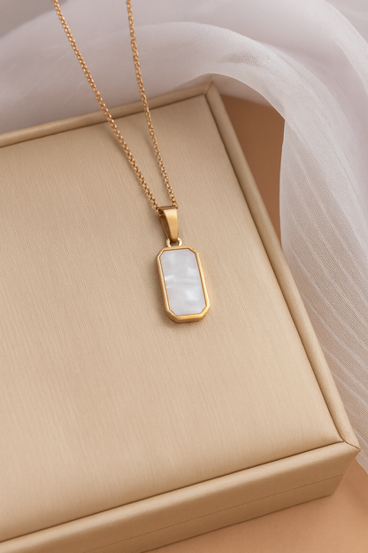 Reversible Gold Rectangle Pendant Necklace – Black Onyx & White Mother of Pearl
