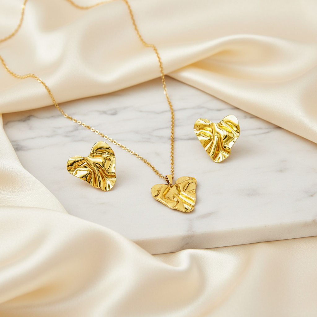 Textured Heart Gold Necklace & Earrings Set