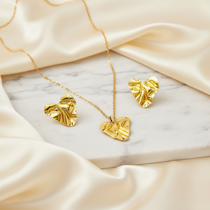 Textured Heart Gold Necklace & Earrings Set