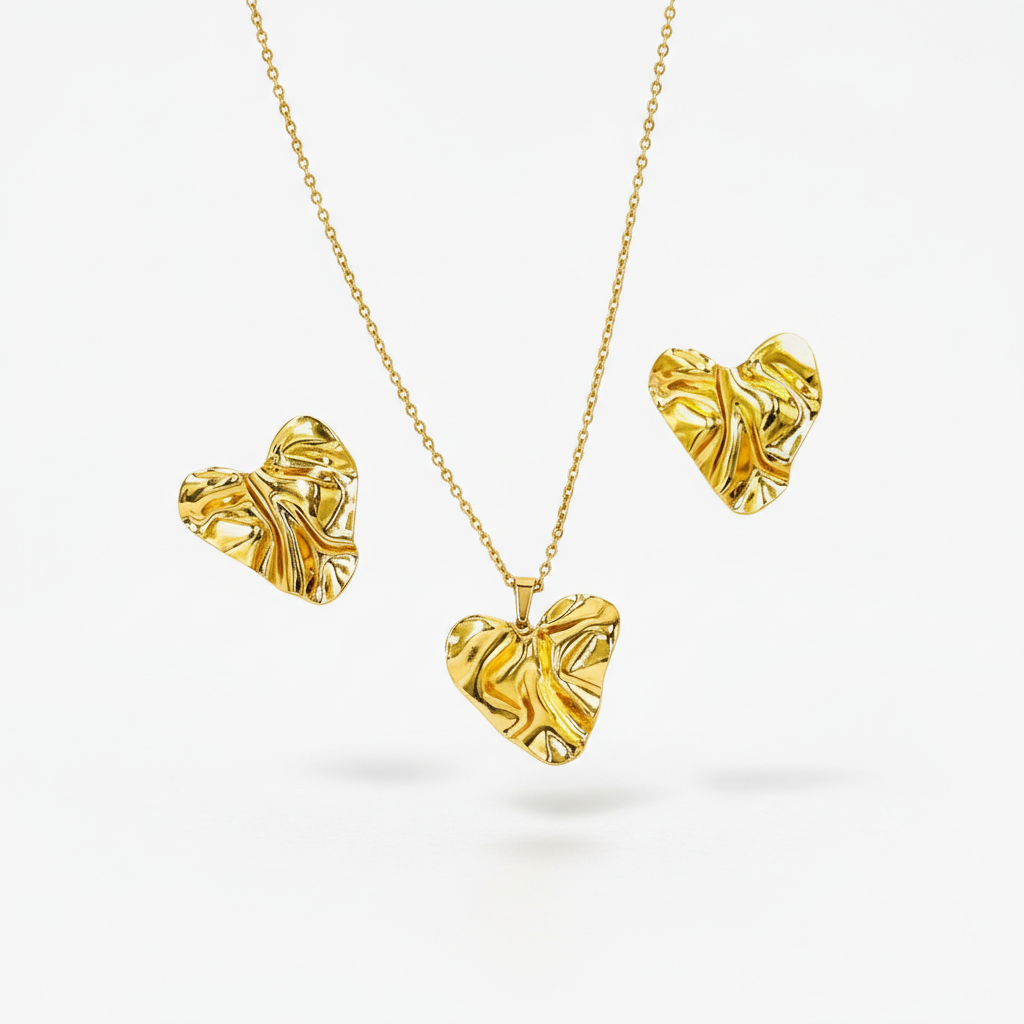 Textured Heart Gold Necklace & Earrings Set