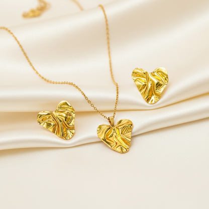 Textured Heart Gold Necklace & Earrings Set