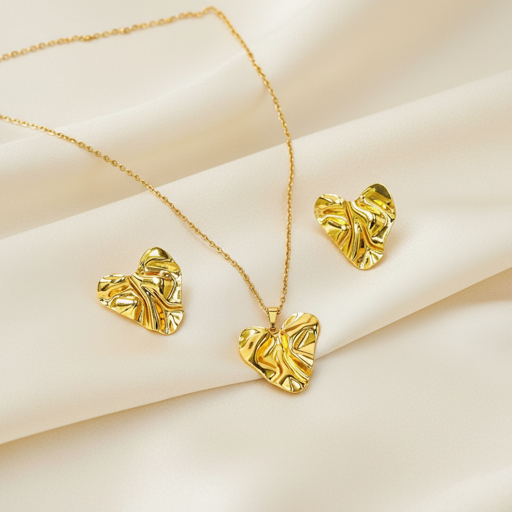 Textured Heart Gold Necklace & Earrings Set